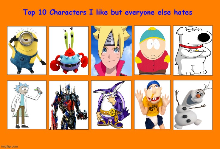 top 10 characters i like but everyone else hates | image tagged in top 10 characters i like but everyone else hates,media,movies,michael bay,tv shows,jeffy | made w/ Imgflip meme maker