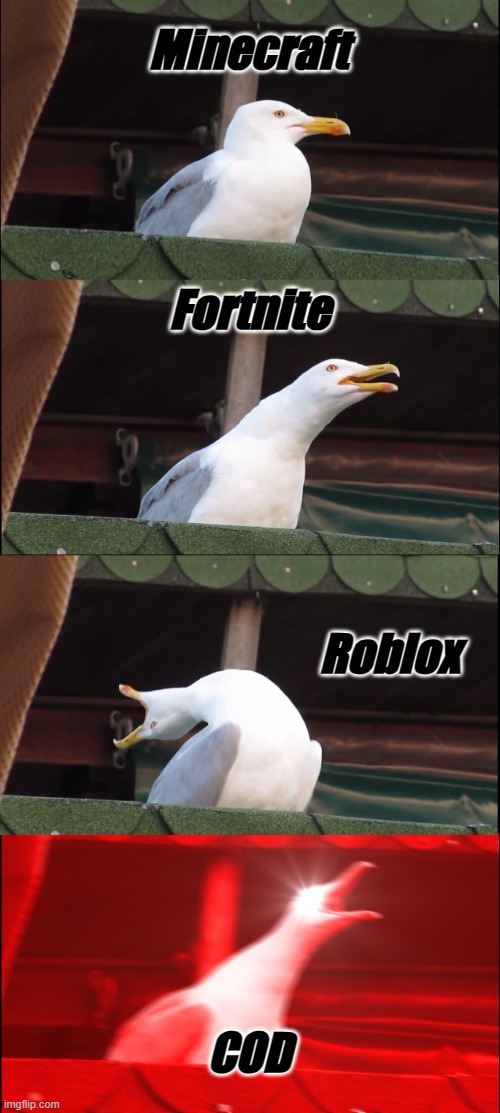 This is what I feel | Minecraft; Fortnite; Roblox; COD | image tagged in memes,inhaling seagull | made w/ Imgflip meme maker