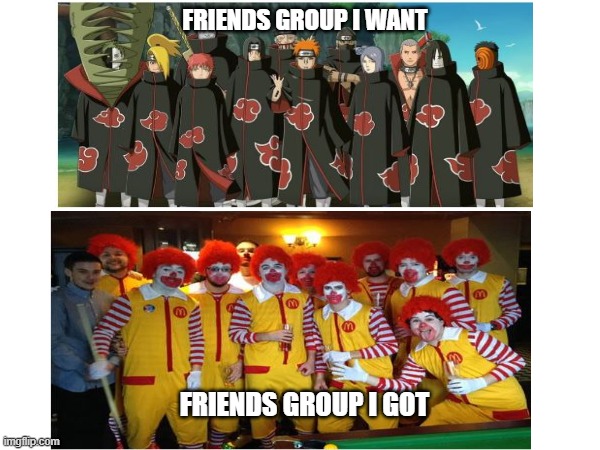 every friend group story | FRIENDS GROUP I WANT; FRIENDS GROUP I GOT | image tagged in friennds group i want and what i got | made w/ Imgflip meme maker