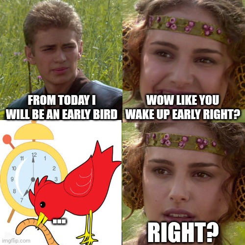 Well he is an early bird alright | FROM TODAY I WILL BE AN EARLY BIRD; WOW LIKE YOU WAKE UP EARLY RIGHT? ... RIGHT? | image tagged in anakin padme 4 panel,funny,fun,meme,memes,lol | made w/ Imgflip meme maker