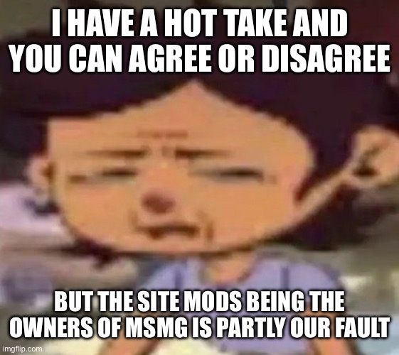 mainly from the way we acted and shit, but it was also the previous owners as well | I HAVE A HOT TAKE AND YOU CAN AGREE OR DISAGREE; BUT THE SITE MODS BEING THE OWNERS OF MSMG IS PARTLY OUR FAULT | image tagged in luz distressed | made w/ Imgflip meme maker