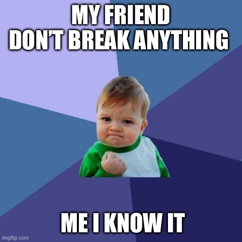 Success Kid | MY FRIEND DON’T BREAK ANYTHING; ME I KNOW IT | image tagged in memes,success kid | made w/ Imgflip meme maker