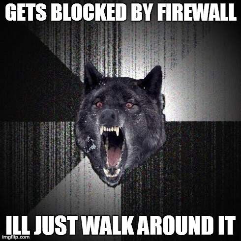 Insanity Wolf Meme | GETS BLOCKED BY FIREWALL ILL JUST WALK AROUND IT | image tagged in memes,insanity wolf | made w/ Imgflip meme maker