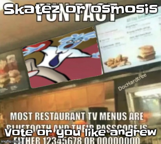 Fun fact | Skatez or osmosis; Vote or you like andrew | image tagged in fun fact | made w/ Imgflip meme maker