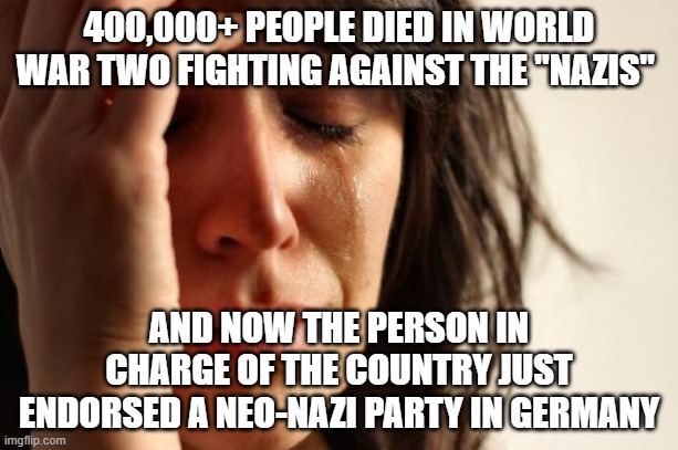 Elon Musk is literally ON DRUGS, HE HAS AUTISM, HE NEVER MADE TESLA, HE SHOULD OF NEVER CAME TO THIS COUNTRY | 400,000+ PEOPLE DIED IN WORLD WAR TWO FIGHTING AGAINST THE "NAZIS"; AND NOW THE PERSON IN CHARGE OF THE COUNTRY JUST ENDORSED A NEO-NAZI PARTY IN GERMANY | image tagged in memes,first world problems,pathetic don,autistic elon | made w/ Imgflip meme maker