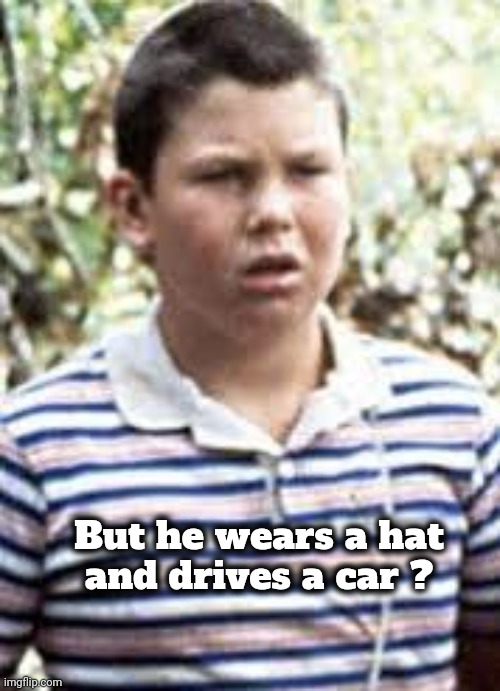 Stand by me | But he wears a hat
and drives a car ? | image tagged in stand by me | made w/ Imgflip meme maker