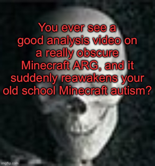 . | You ever see a good analysis video on a really obscure Minecraft ARG, and it suddenly reawakens your old school Minecraft autism? | image tagged in skull | made w/ Imgflip meme maker