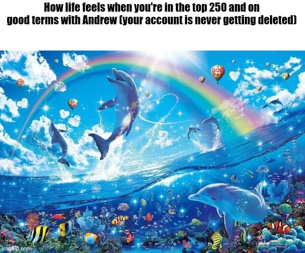 Happy dolphin rainbow | How life feels when you're in the top 250 and on good terms with Andrew (your account is never getting deleted) | image tagged in happy dolphin rainbow | made w/ Imgflip meme maker