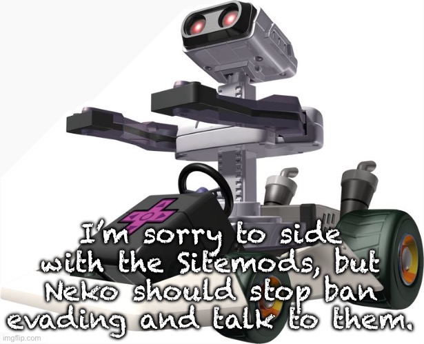 R.O.B. Mario Kart DS | I’m sorry to side with the Sitemods, but Neko should stop ban evading and talk to them. | image tagged in r o b mario kart ds | made w/ Imgflip meme maker