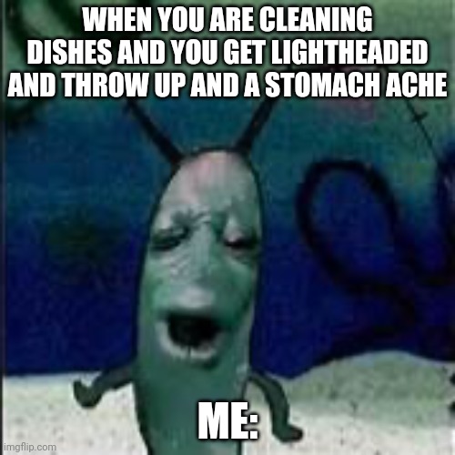 Happened to me one time its that time of year again | WHEN YOU ARE CLEANING DISHES AND YOU GET LIGHTHEADED AND THROW UP AND A STOMACH ACHE; ME: | image tagged in plankton gets served,allergies,stomachache,lightheaded | made w/ Imgflip meme maker