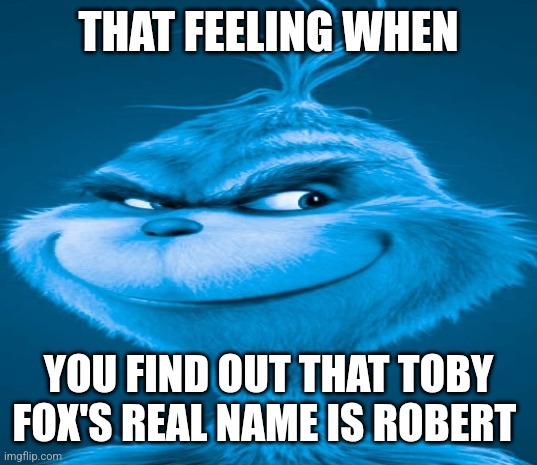 Blue Grinch | THAT FEELING WHEN; YOU FIND OUT THAT TOBY FOX'S REAL NAME IS ROBERT | image tagged in blue grinch,this is an actual fact,look it up | made w/ Imgflip meme maker