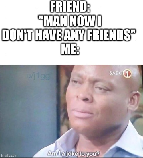 what am I? | FRIEND: "MAN NOW I DON'T HAVE ANY FRIENDS" 
ME: | image tagged in am i a joke to you | made w/ Imgflip meme maker