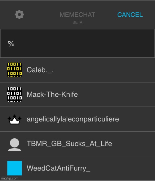 go to your memechats, search “%”, and post the top 5 results below (curious) | made w/ Imgflip meme maker