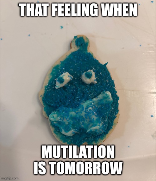 Blue Grinch cookie | THAT FEELING WHEN; MUTILATION IS TOMORROW | image tagged in blue grinch cookie | made w/ Imgflip meme maker