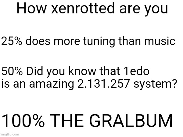 How xenrotted are you; 25% does more tuning than music; 50% Did you know that 1edo is an amazing 2.131.257 system? 100% THE GRALBUM | made w/ Imgflip meme maker