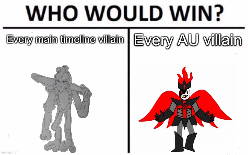 In a big war between the two sides | Every AU villain; Every main timeline villain | image tagged in memes,who would win | made w/ Imgflip meme maker