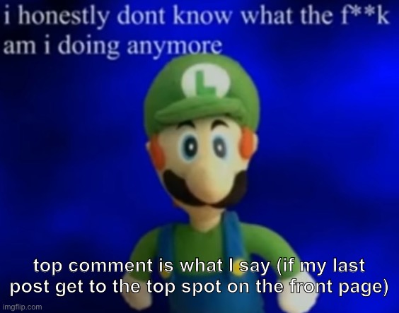 mama luigi | top comment is what I say (if my last post get to the top spot on the front page) | image tagged in mama luigi | made w/ Imgflip meme maker