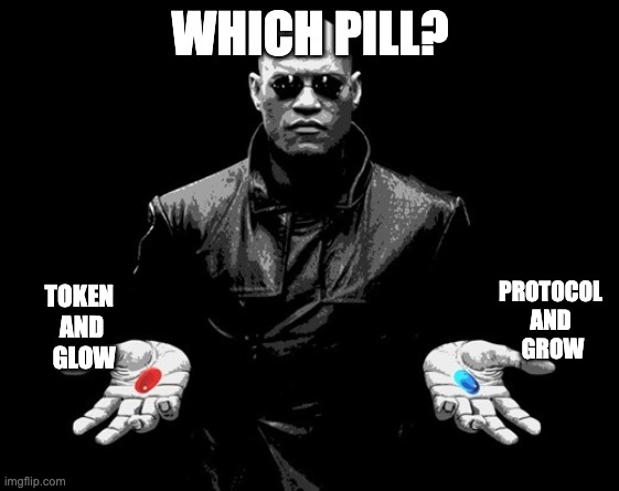 token vs protocol | WHICH PILL? PROTOCOL 
AND 
GROW; TOKEN 
AND
 GLOW | image tagged in 2 choices,crypto | made w/ Imgflip meme maker