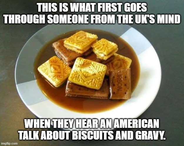 This picture is of English biscuits in brown gravy. | THIS IS WHAT FIRST GOES THROUGH SOMEONE FROM THE UK'S MIND; WHEN THEY HEAR AN AMERICAN TALK ABOUT BISCUITS AND GRAVY. | image tagged in biscuits and gravy | made w/ Imgflip meme maker