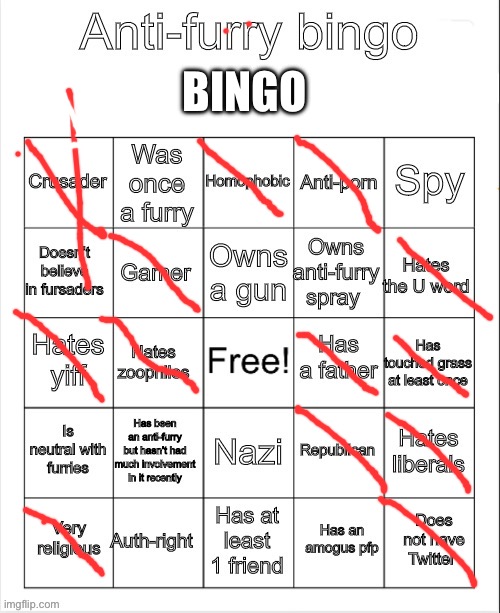 Bingo | BINGO | image tagged in anti-furry bingo | made w/ Imgflip meme maker