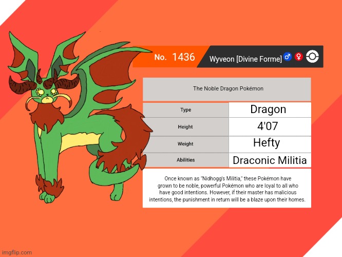 Again, shinies in comments. | 1436; Wyveon [Divine Forme]; The Noble Dragon Pokémon; Dragon; 4'07; Hefty; Draconic Militia; Once known as "Nidhogg's Militia," these Pokémon have grown to be noble, powerful Pokémon who are loyal to all who have good intentions. However, if their master has malicious intentions, the punishment in return will be a blaze upon their homes. | image tagged in blank pokemon swsh pokedex | made w/ Imgflip meme maker