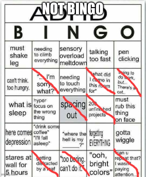 I’m playing bingos now | NOT BINGO | image tagged in adhd bingo | made w/ Imgflip meme maker