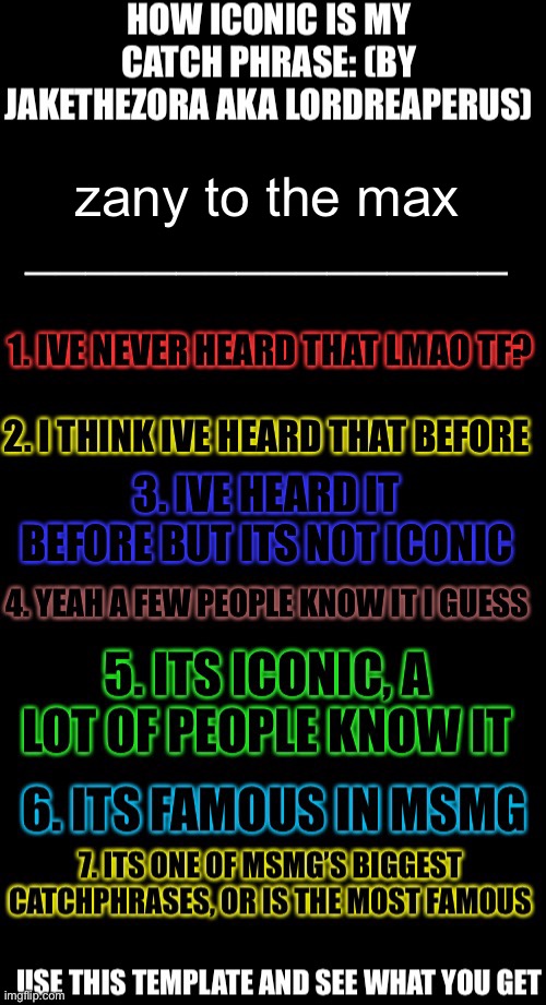 How iconic is my catchphrase | zany to the max | image tagged in how iconic is my catchphrase | made w/ Imgflip meme maker