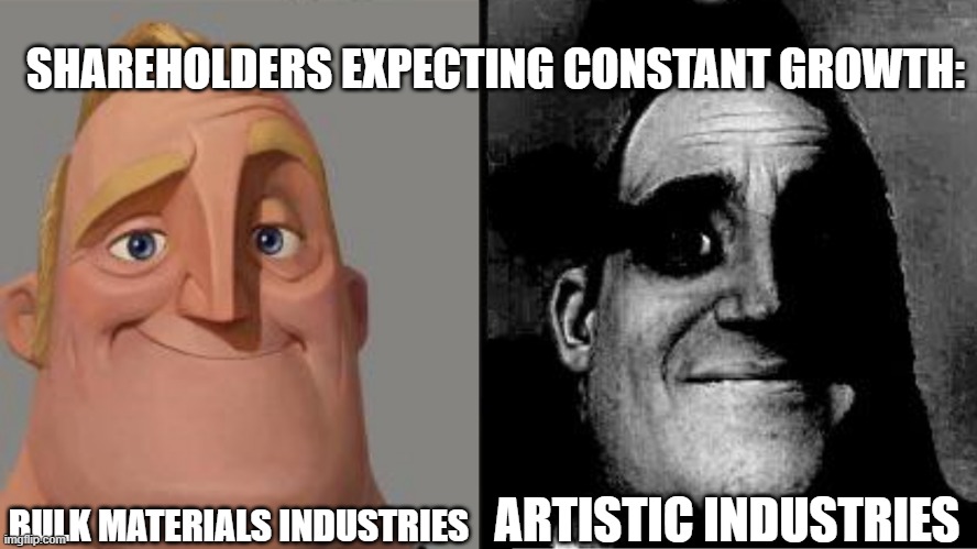 Greed | SHAREHOLDERS EXPECTING CONSTANT GROWTH:; BULK MATERIALS INDUSTRIES; ARTISTIC INDUSTRIES | image tagged in traumatized mr incredible | made w/ Imgflip meme maker