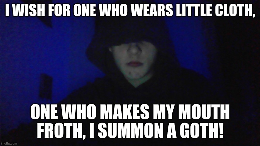 hopefully this spell will get me noticed by the goth women. | I WISH FOR ONE WHO WEARS LITTLE CLOTH, ONE WHO MAKES MY MOUTH FROTH, I SUMMON A GOTH! | image tagged in spell,wizard,wizards,goth,rhymes | made w/ Imgflip meme maker