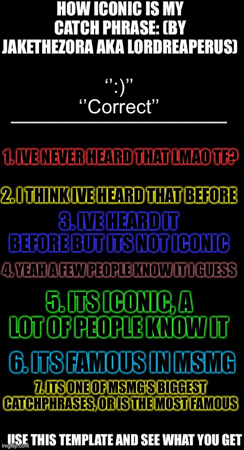 How iconic is my catchphrase | ‘’:)’’
‘’Correct’’ | image tagged in how iconic is my catchphrase | made w/ Imgflip meme maker