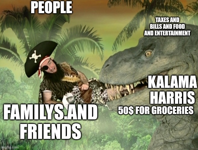 Literally true from the past | PEOPLE; TAXES AND BILLS AND FOOD AND ENTERTAINMENT; KALAMA HARRIS; FAMILYS.AND FRIENDS; 50$ FOR GROCERIES | image tagged in patchy being eaten by t rex,kamala harris,cant afford things | made w/ Imgflip meme maker