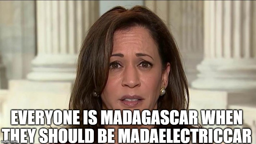 kamala harris | EVERYONE IS MADAGASCAR WHEN THEY SHOULD BE MADAELECTRICCAR | image tagged in kamala harris | made w/ Imgflip meme maker