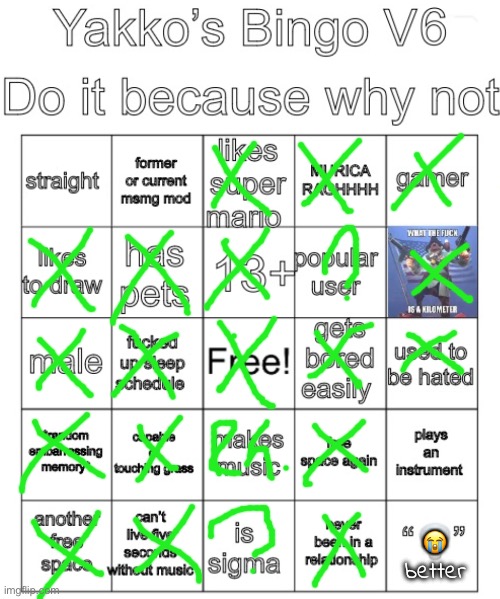 dagne i almost got a coverall!!! | 😭 better | image tagged in yakko s bingo v6 | made w/ Imgflip meme maker