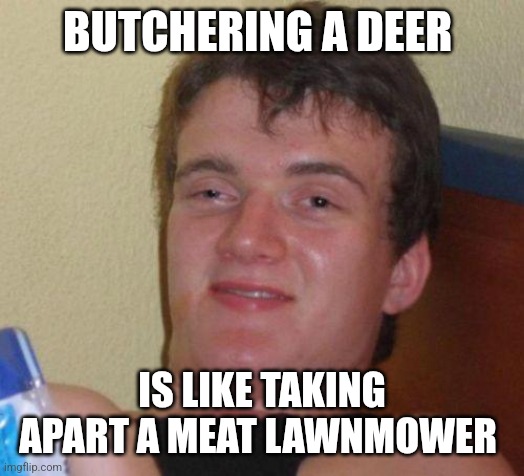 Legit my thought process here | BUTCHERING A DEER; IS LIKE TAKING APART A MEAT LAWNMOWER | image tagged in stoned guy,deer hunting,butcher,meat eater,homesteading | made w/ Imgflip meme maker