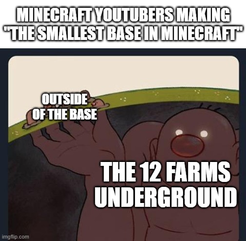 those liars | MINECRAFT YOUTUBERS MAKING "THE SMALLEST BASE IN MINECRAFT"; OUTSIDE OF THE BASE; THE 12 FARMS UNDERGROUND | image tagged in minecraft | made w/ Imgflip meme maker