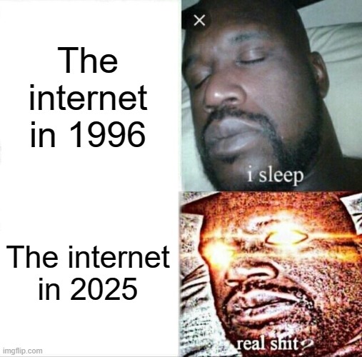 Sleeping Shaq | The internet in 1996; The internet in 2025 | image tagged in memes,sleeping shaq | made w/ Imgflip meme maker