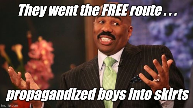 They went the FREE route . . . propagandized boys into skirts | image tagged in memes,steve harvey | made w/ Imgflip meme maker