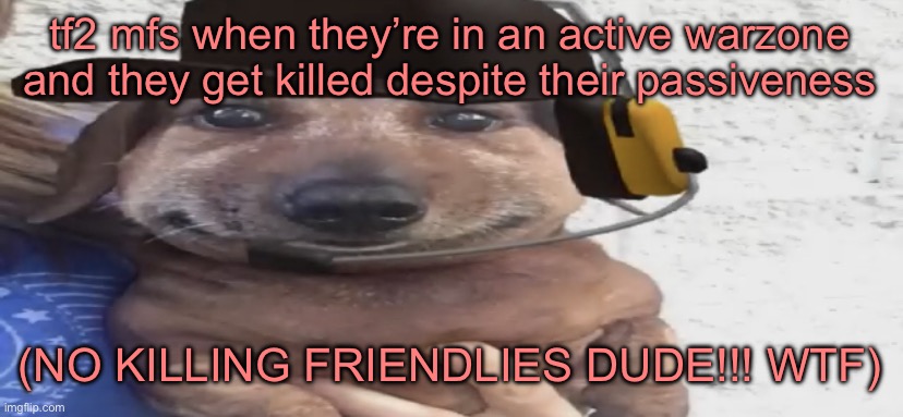 chucklenuts | tf2 mfs when they’re in an active warzone and they get killed despite their passiveness; (NO KILLING FRIENDLIES DUDE!!! WTF) | image tagged in chucklenuts | made w/ Imgflip meme maker