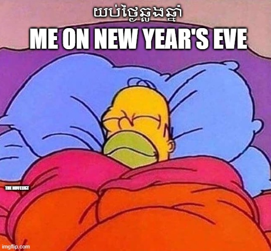 MEME | យប់ថ្ងៃឆ្លងឆ្នាំ; ME ON NEW YEAR'S EVE; THE NOVELIST | image tagged in homer simpson sleeping peacefully | made w/ Imgflip meme maker