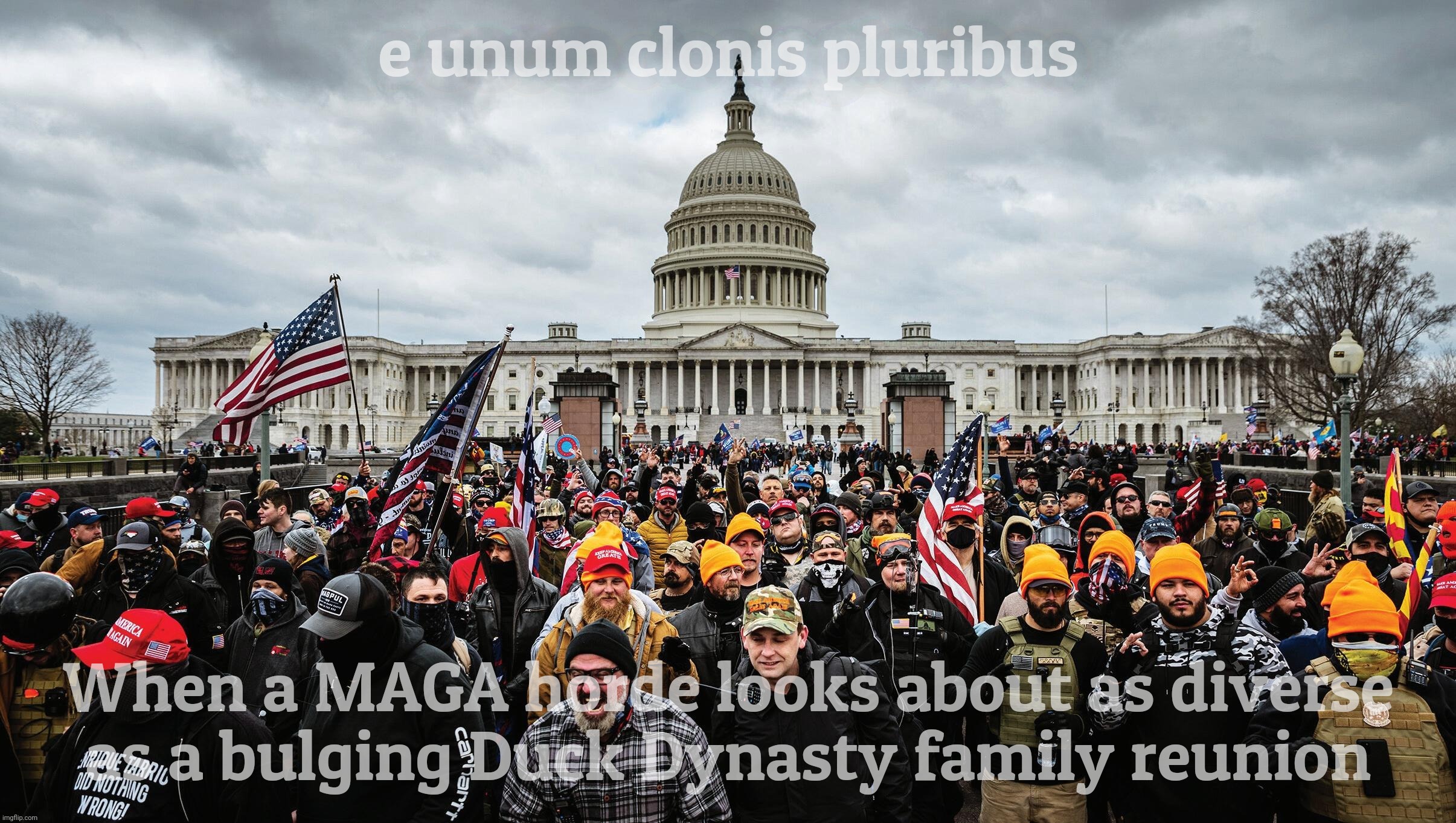 Oh look, a beardless guy up front in a sea of trailer park reject clones! | e unum clonis pluribus; When a MAGA horde looks about as diverse
as a bulging Duck Dynasty family reunion | image tagged in january 6th capitol hill riot,magats,clones,e unum clonis pluribus,can't tell these guys apart,diversity in cloning | made w/ Imgflip meme maker