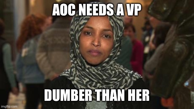 Ilhan Omar | AOC NEEDS A VP DUMBER THAN HER | image tagged in ilhan omar | made w/ Imgflip meme maker