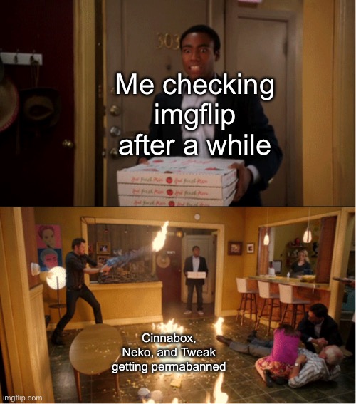 wtf went down? | Me checking imgflip after a while; Cinnabox, Neko, and Tweak getting permabanned | image tagged in community fire pizza meme | made w/ Imgflip meme maker