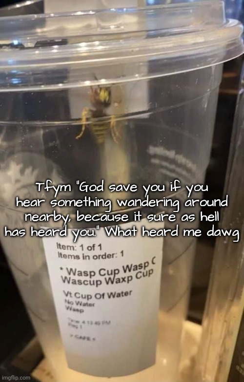 Wasp cup Wasp cup Wasp cup Wasp cup Wasp cup Wasp cup Wasp cup | Tfym "God save you if you hear something wandering around nearby, because it sure as hell has heard you." What heard me dawg | image tagged in wasp cup wasp cup wasp cup wasp cup wasp cup wasp cup wasp cup | made w/ Imgflip meme maker