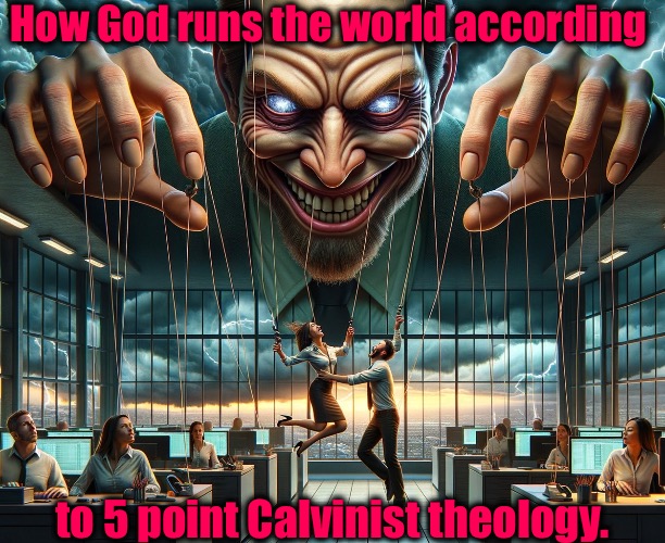 According To 5 Point Calvinism | How God runs the world according; to 5 point Calvinist theology. | image tagged in calvinism,arminian,molinism,reformed theology 5 point calvinists,ai puppet zombie dead bot dogma | made w/ Imgflip meme maker