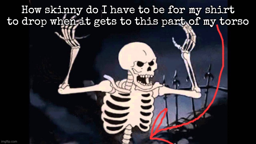 I know there are no bones in that part | How skinny do I have to be for my shirt to drop when it gets to this part of my torso | image tagged in spooky skeleton,msmg | made w/ Imgflip meme maker