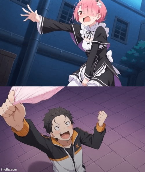 Another Konosuba x Re:Zero image I found | image tagged in konosuba,re zero,subaru,ram | made w/ Imgflip meme maker