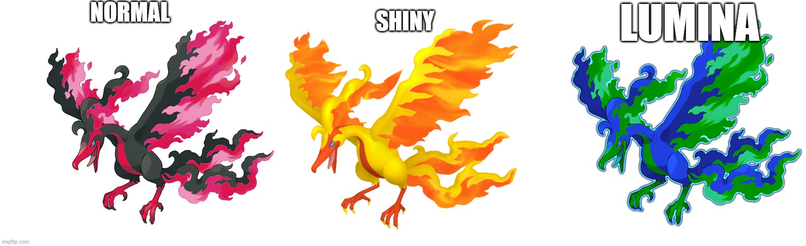 if pokemon had a rarer shiny form | NORMAL; SHINY; LUMINA | image tagged in pokemon,shiny | made w/ Imgflip meme maker