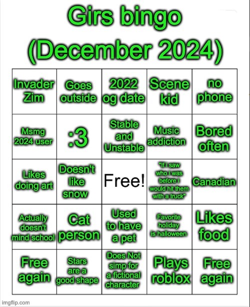 Girs bingo (december 2024) | image tagged in girs bingo december 2024 | made w/ Imgflip meme maker