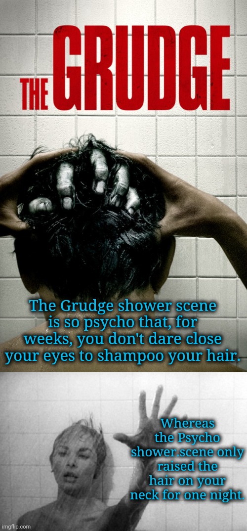 The Grudge Stayed in My Head WAAAYYY Too Long! | The Grudge shower scene is so psycho that, for weeks, you don't dare close your eyes to shampoo your hair. Whereas the Psycho shower.scene only raised the hair on your neck for one night. | image tagged in horror movies | made w/ Imgflip meme maker