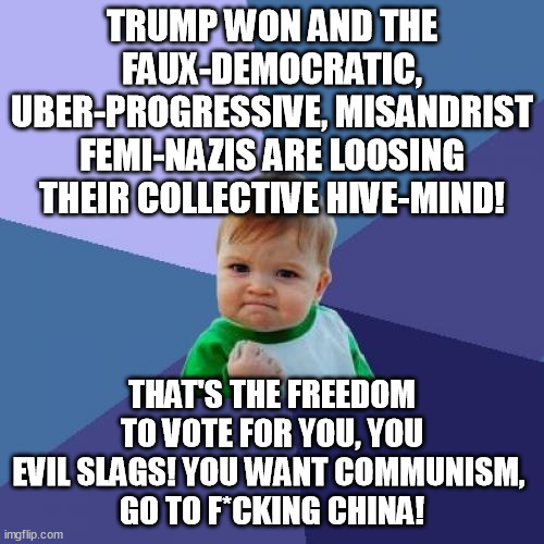 You want commie rule of no law - go to a commie country! | TRUMP WON AND THE FAUX-DEMOCRATIC, UBER-PROGRESSIVE, MISANDRIST FEMI-NAZIS ARE LOOSING THEIR COLLECTIVE HIVE-MIND! THAT'S THE FREEDOM TO VOTE FOR YOU, YOU EVIL SLAGS! YOU WANT COMMUNISM, 
GO TO F*CKING CHINA! | image tagged in memes,funny,success kid,trump,feminists,freedom | made w/ Imgflip meme maker